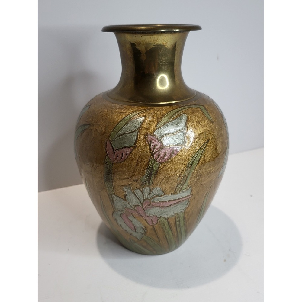 Vintage Brass Floral Vase Hand Painted Enamel Etched Made in India Boho Decor - Picture 3 of 10